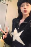 Zippers Vintage Black Y2K High Waist Cardigan Mujer Star American Turn Down Collar Crop Tops Knitted Slim Women