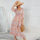 Queens Women Long Sleeve Front Button Ethnic Floral Print Beach Bohemian Maxi Sundress Ladies Cotton Boho Dress