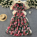 Vintage Gentle Windy Fragmented Flower Dress Summer New High Waist Thin Spinning
