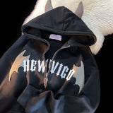 Retro Little Devil Embroidered Zipper Hoodie Women Y2K Street Fashion Trend Joker Sweatshirt Couple Casual Loose