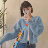 Solid Knitted Cardigan Women Sweet Zipper Cropped Sweaters Korean Vintage Casual Knitwear Coat Loose Short Jumpers