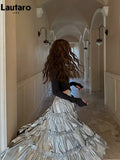 Spring Autumn Fairy Sliver Ruffled Pu Leather Midi Tiered Skirt Women High Waist Long Luxury Designer Clothes