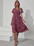 Printed Casual Beach Midi Dresses Women Summer V-neck Short Sleeve Empire Waist A-Line Dress Sundress Vestido Robes