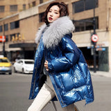 New Glossy Women's Winter Down Jacket Natural Wool Fur Collar Female Loose Short Coat 90% White Duck Thick Down Warm