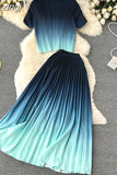 Women Pleated Two Piece Set Vintage Round Neck Short Sleeve Tops + High Waist Draped Skirt Gradient Suit Female New