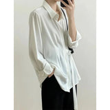 Korean Belt Lace Up Shirts Women Elegant Long Sleeve Bandage Loose Chic Blouses Office Lady Solid Simple All Match