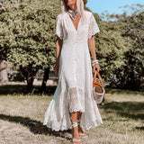 Queens Women Solid Floral Short Sleeve Beach Slim Bohemian Maxi Dress Ladies V-neck Boho Sundress