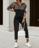 Women Fashion Plaid Print Zipper Front Hooded Top & Pants Set Two Pieces Suit Flare Pants