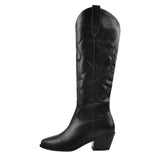 Onlymaker Women White Knee High Boots Western Cowboy Boots Wide Calf Embroidered Pointed Toe Block Heel Pull-On Cowgirl
