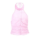 90s Aesthetics Sexy Patchwork Ruched Halter Top Y2K Vintage Backless Lace Up Sleeveless Pink Mesh Party Tanks Summer