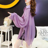 Summer Chiffon Transparent Blouse Puff Long Sleeve Oversize Office White Purple Button Up Shirt Korean Fashion