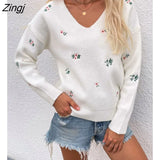 Casual Loose Flower Knit Bottoming Sweaters V-Neck Full Sleeve Sweater Pullovers 2022 New Cotton Pullover Sweater