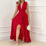 Summer Sexy Deep V-neck High Waist Sashes Ruffled Irregular Long Dress Women Elegant Print Sleeveless Evening Tank