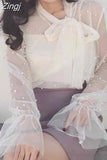 Gauze Bow Beading Pink White Blouse 2023 Summer Women Solid Chiffon Shirt Female Blouses Top Office Shirts Blusas 4323