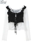 Women's Blouse White Hollow Out Mesh Black Ruffle Lace Up Draped Vest 2023 Summer Chic Vintage Casual Korean Shirt