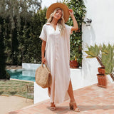 Queens Women Solid V-neck Single Breasted Bohemian Maxi Dress Ladies Short Sleeve Irregular Boho Dresses