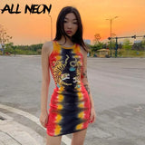Punk Tie Dye Sleeveless Graphic Mini Dresses Ribbed O-neck Tiger Printing Bodycon Party Dress E-girl Rave Summer