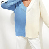 winter new sweater color matching v-neck street Pullovers 2022 lazy casual loose knit sweater women jumpers pullover