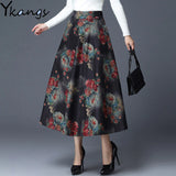 Winter Skirt Female Plus Size Plaid Flower Print Women'S Maxi Skirt High Waist Warm Wool Skirt Elegant Office Lady