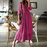 Summer Casual Pullover Beach Dress Fashion Printed Boho Style V Neck Party Dress Elegant Long Sleeve Buttoned Shirt