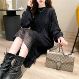 Woman Winter 2022 Autumn New Lace Stitched Dress Versatile Loose Sweater Streetwear Long Sleeve Pullover Dresses