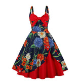 Style 50s Pinup Dress Women Vintage Cocktail Patchwork Red Striped Printed Spaghetti Straps 1950s Rockabilly Party