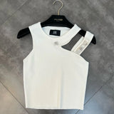 2022 Summer New Arrival Sleeveless Single Shoulder Hollow Out Diamonds Letters Slim Knitted Tank Top Woomen Vest
