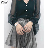 Women's Spring Autumn Style Chiffon Blouses Shirt Women's Knitted Button Long Sleeve Solid Color Lace Patchwork
