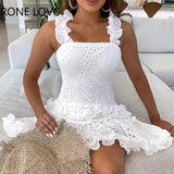 Women Chic Solid Sleeveless Folds Hollow Out A-line Party Sexy Ruffle White