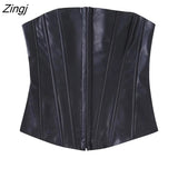 Women Sexy Strapless Corset Style PU Leather Blouse Femme Summer Buckle Up Short Smock Shirt Chic Crop Blusas Tops