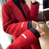 Belt Long Wool Coats Women Vintage Lace Up Woolen Overcoat Korean Bandage Thick Jacket Winter Elegant Red Chic Outwear