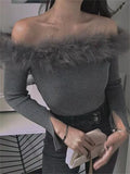 Women Pullover Neck Fur Patchwork Sweater Sexy Strapless Long Sleeve Knitted Tops 2022 Autumn Winter Female