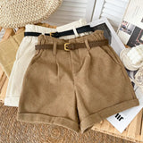 Rolled Wide-leg Shorts Women Korean Retro Elastic Waist Loose Casual Short Pants With Belt Loose A line Shorts