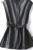 Spring Autumn Black Soft Pu Leather Vest Luxury Brand with Belt Luxury Elegant Office Sleeveless Jackets for Women