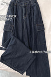 Autumn Loose Casual Women Cargo Pants Straight Jeans Black Grey Hip Hop High Quality Bottoms Simple Couple Denim Pants