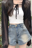 Sexy Short Length Women Y2k Bandage Ice Silk Sweaters Summer Long Sleeve Sunscreen Knitted Coats Hollow Out
