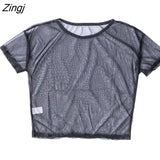 Women Ladies Solid See-Through Vintage Shiny Tops Short Sleeve Summer T-Shirt Casual
