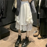 Women Solid Korean Style Irregular Lace Fashion Autumn Sweet Student Loose Casual All-match High Waist Long Pleated