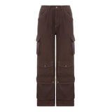 Indie Aesthetics Retro Big Pockets Trim Brown Cargo Pants Y2K 90s Vintage High Waist Wide-Leg Denim Baggy Jeans