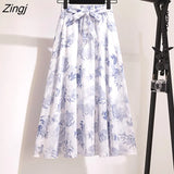 Long Skirt Women 2022 Spring Summer Korean Fashion White Black Floral Print Aesthetic High Waist Midi Skirt