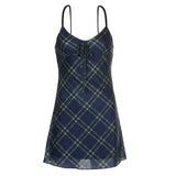 E-Girl 90s Spaghetti Strap Bandage Front Ruffles Plaid Dresses Vintage Mesh V-neck Backless A-line Mini Dress