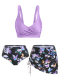 Butterfly Flower Print Cinched Padded Three Piece Tankini Women Swimsuit High Waisted Bathing Suits Beach Wear
