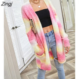 vintage cardigans winter new women's sweater 2022 new pockets rainbow tie-dye mid-length cardigan knitted sweater