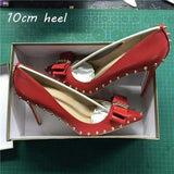 nude 12cm extreme high heels women shoes with bow rivets black red pointed toe shallow women pumps plus size MD002