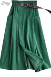 Women Elegant Chic Split Midi Skirt Autumn Winter Solid Elastic High Waist Casual Office Lady A Line Long