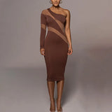 Winter Diagonal Collar Sexy Personality Mesh Patchwork Perspective Dress Women Y2K Slim Fashion Vestido Midi Robe