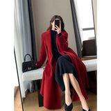 Belt Long Wool Coats Women Vintage Lace Up Woolen Overcoat Korean Bandage Thick Jacket Winter Elegant Red Chic Outwear