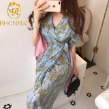 Style Slim Waist Lady Long Dress Puff Sleeve Cross V-Neck Split Floral Chiffon Women Dress Fashion Printing Pencil