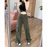 Women's Spring Summer Cargo Pants Elastic Waist Multiple Pockets Solid Vintage Fashion Tooling Style Straight Wide Leg