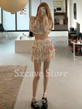 Piece Sets Womens Outifits Casual Floral Y2k Crop Tops + Mini Skirts Office Lady Tracksuits Fashion Suis Korean 2022